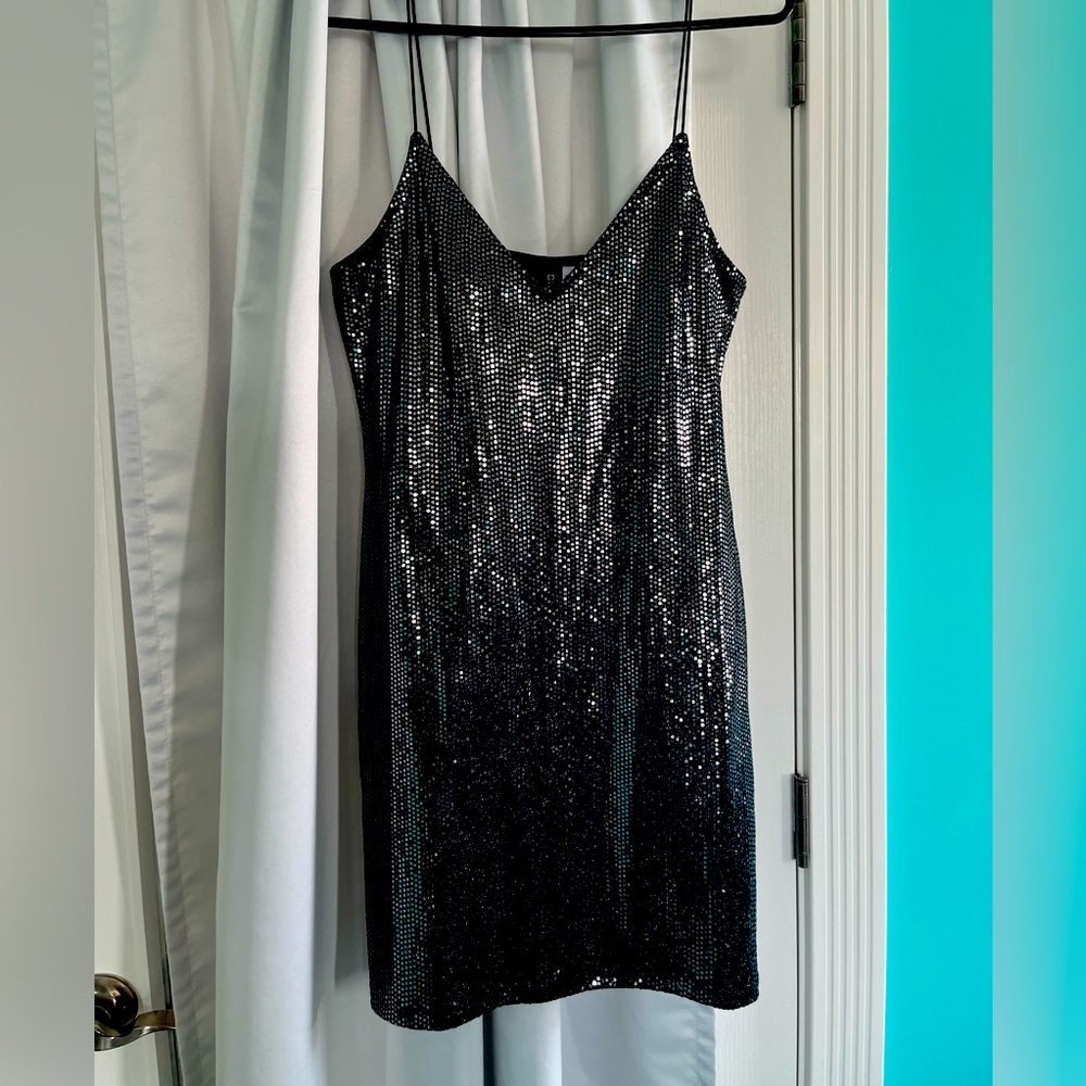 Black and silver spaghetti strap evening dress